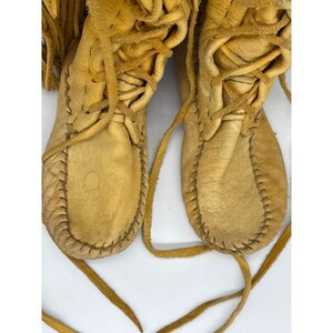 Handmade Vintage Leather Fringe Moccasin Boots Tall Lace Up Native American 11in image 2