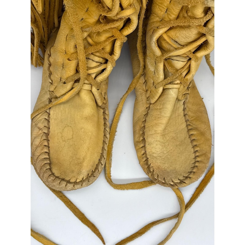Handmade Vintage Leather Fringe Moccasin Boots Tall Lace Up Native American 11in image 2