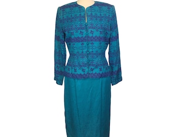 Adrianna Papell vintage 100% zijde groenblauwe blauwe rok set 10, buste 38, taille 28-30