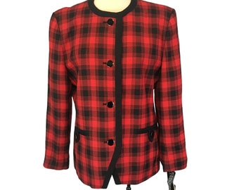 Executive Collection Vintage Womens Red Black Plaid Blazer, Top 14, 44 bust