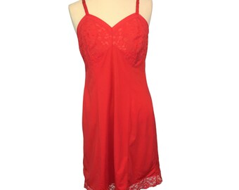 Texsheen Vintage Sexy Red See Thru Lace Top, Full Slip, 38 bust