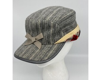 Vintage 100% Wool Grey Striped Cadet Hat Argyle Knit Ear Flaps Bow WPL Size 7