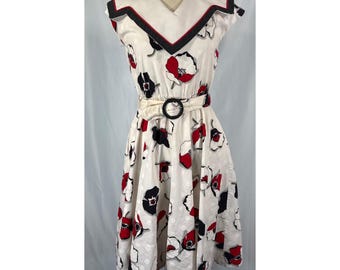 Vintage Sabino Floral Poppy Sailor Collar Belted Dress White Red Black 36 bust