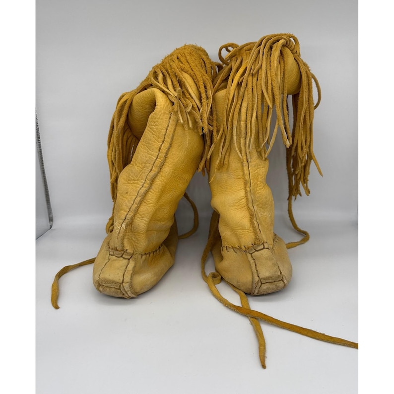 Handmade Vintage Leather Fringe Moccasin Boots Tall Lace Up Native American 11in image 4
