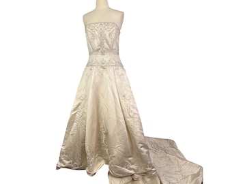 Jasmine Collection Ivory Satin Embroidered Beaded Strapless Wedding Dress sz 14