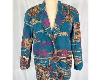VTG 80s Circle T Blazer Size S Western Horse In The Town Pattern Teal Blue USA L