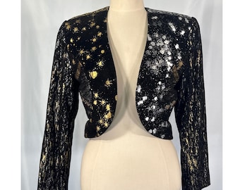 Vintage Chiori Black Metallic Gold Silver Splatter Leather Bolero Jacket Small