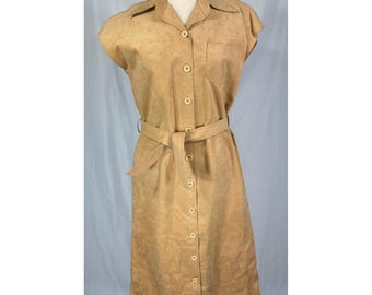 Vintage 70s Blassport Bill Blass Ultra Suede Midi Shirt Dress Tan Camel Belted