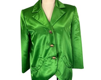Joan Raines Vintage 80s Green Satin Blazer Jeweled Buttons Emerald Jacket L 42