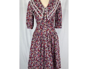 Vintage Eber San Francisco Floral Lace Collar Midi Dress Cotton Pockets 80s