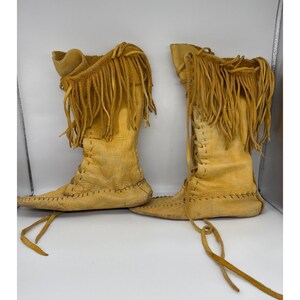 Handmade Vintage Leather Fringe Moccasin Boots Tall Lace Up Native American 11in image 3