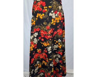 Vintage 70s Floral Maxi Skirt Black Red Orange 31" Waist A-Line Boho Hippie