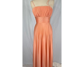 VTG 70s Peach Accordion Pleated Maxi Dress Spaghetti Strap Empire Waist Formal