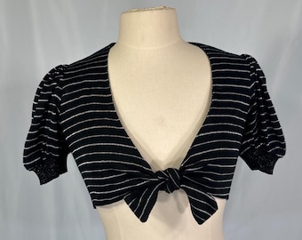 VTG Neiman Marcus Arpeja Black Silver Metallic Striped Tie Front Shrug Sweater S