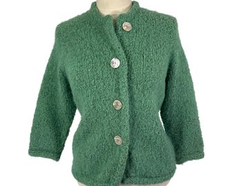 Vintage 50s 60s Homemade Hand Knit Green Cardigan Mother Pearl Buttons Sweater M