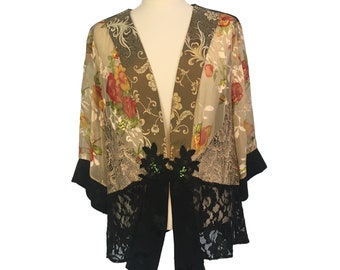 Tracy Collins Vintage Womens Black Gold Floral Kimono, Lace Cardigan, Shrug, 2X