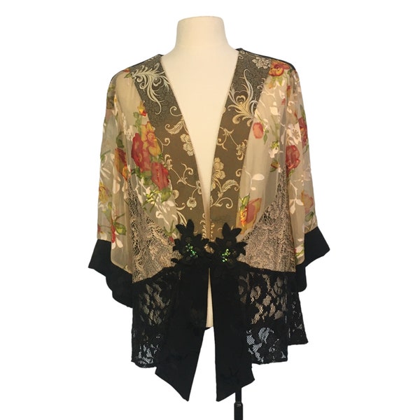 Tracy Collins Vintage Womens Black Gold Floral Kimono, Lace Cardigan, Shrug, 2X