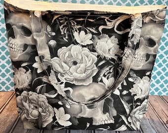 Handmade Cotton Canvas Lined Tote Bag: White Floral Skulls