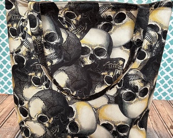 Handmade Cotton Canvas Lined Tote Bage: Skulls