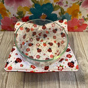 May include: A white bowl cozy with a red border and a ladybug print. The cozy is holding a clear glass bowl.