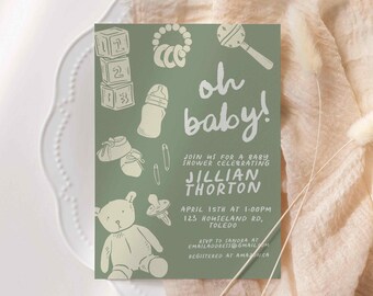 Whimsical Baby Shower Invitation for Boy or Girl, Oh Baby Shower Invite, Green Gender Neutral, Teddy Bear, Diaper, Toys, Modern, 0096BS