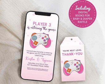 Player 3 Baby Shower Digital Invite & Favor Tag, Video Game, Pink for Girl, Nerdy Shower Gamer Controller, Digital Email Editable 0026BS