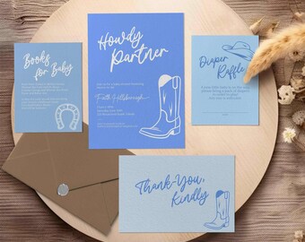 Howdy Partner Cowboy Baby Shower Invite Bundle, Wild West Diaper Raffle, Western Books for Baby, Boots Cowboy Hat Country Rodeo Blue 0084BS