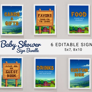 Lot de panneaux de douche inspirés de Stardew Valley, 6 panneaux, cadeaux, cartes et cadeaux, livre d'or, ferme, nourriture et boissons, panneaux personnalisés modifiables 0064BS
