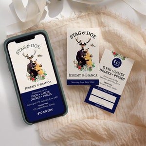 Modern Floral Stag and Doe Ticket and Digital Invitation, Collage, Navy, Flowers, Deer, Buck and Doe, Jack and Jill, Funky, Editable 0027SD