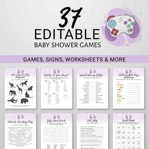 May include: A set of 37 printable baby shower games, signs, and worksheets. The games include "What's in Your Purse?", "Would Mommy Rather...", "Children's Book Bingo", "Mad Lib Parenting Fails", "Baby Word Search", "Dad Jokes", and "Guest Bingo".