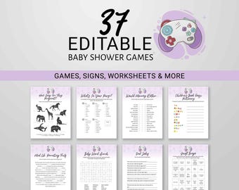 Video Game Baby Shower Games, 37 Games, Player 3 is Entering, Nerdy Printable 8.5x11 Download, Gamer Signs Editable Purple Lavender 0055BS