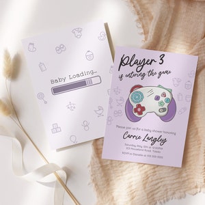 Faire-part de baby shower jeu vidéo, invitation baby shower joueur violet 3, invitation de baby shower de joueur, nouveau personnage, baby shower ringard 0055BS