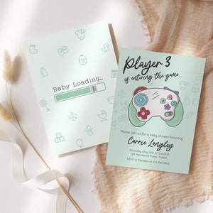 Faire-part baby shower jeu vidéo, invitation baby shower joueur 3, invitation baby shower gamer, nouveau personnage, baby shower ringard 0055BS