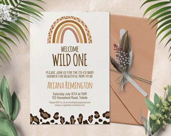 Wild Baby Shower Invitation, Beige, Jungle Baby Shower Invite, Animal Print, Boho, Rainbow, Wild One, Cheetah Print, Leopard Print 0017BS