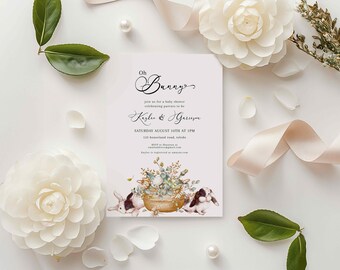 Bunny Baby Shower Invitation, Greenery Rabbit Eucalyptus Shower Invite, Floral Cotton, Gender Neutral Spring Elegant Formal Easter 0088BS