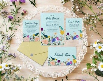 Birds and Bloom Baby Shower Invitation Bundle, Summer Garden Flowers Floral Bird About to Hatch, Diaper Raffle, Books for Baby Spring 0092BS