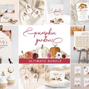 Lot ultime citrouilles, baby shower, étiquette de cadeau, plaque de bienvenue pour décoration de petit gâteau, buffet jeu de cartes automne floral rose pour fille 0041BS