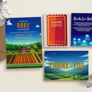 May include: A set of four baby shower cards with a farm theme. The invitation card features a cartoon farm scene with a red barn, green fields, and blue sky. The diaper raffle card is red and gold with a ticket design. The book request card is blue with a cartoon ocean scene and jellyfish. The thank you card is green and blue with a cartoon mountain scene and the words "Thank You" in large letters.