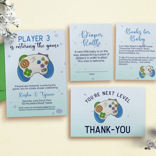 Video Game Controller Baby Shower Invitation Bundle, Player 3 Invite, Joystick, New Character, Blue Boy Diaper Raffle, Books for Baby 0026BS