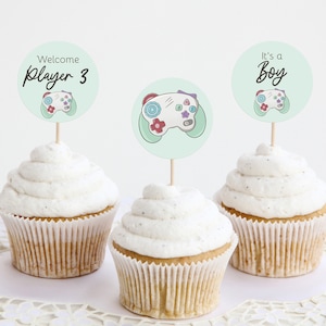 Welcome Player 3 Cupcake Toppers, Video Game Baby Shower Cake Toppers, Game Controller Nerdy Decorations, Green for Boy or Girl 0055BS
