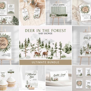 Pacchetto definitivo con cervo e foresta, invito per baby shower, etichetta per bomboniere, cartello di benvenuto, topper per cupcake, buffet, gioco di carte, bosco, cervo, cervo, verde 0059BS