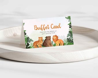 Jungle Buffet Card, Food Label Tent Card Sign, Birthday, Baby Shower, Lion Tiger Bear Zoo Animal Greenery Neutral Editable Template 0020BS