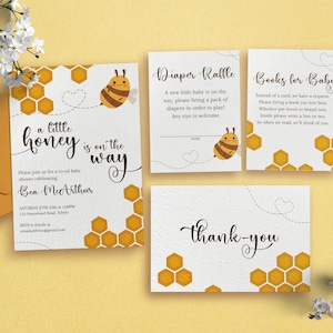 Pacote de convite para chá de bebê A Little Honey, Summer Mommy to Bee, Bumble Bee Honeycomb, livros para bebê, sorteio de fraldas, obrigado 0021BS