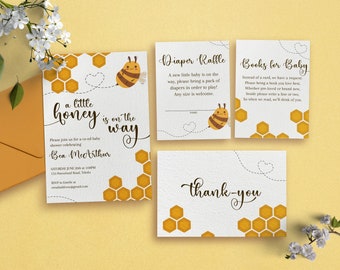 A Little Honey Baby Shower Invitation Bundle, Summer Mommy to Bee, Bumble Bee Honeycomb, Books for Baby, Diaper Raffle, Thank-You 0021BS
