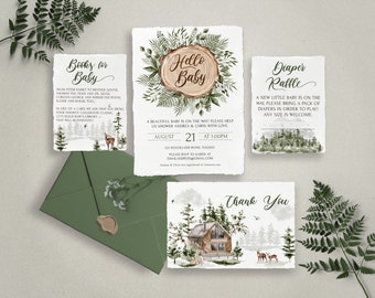 Rustic Deer Baby Shower Invitation, Elegant Greenery Shower Invite, Cabin Stag Doe Woods Forest Outdoor, Books for Baby Diaper Raffle 0059BS