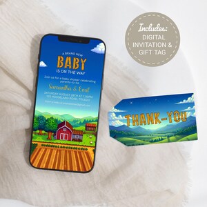 May include: A digital invitation for a baby shower with a farm theme. The invitation features a cartoon illustration of a red barn, green fields, and a blue sky with white clouds. The text on the invitation reads "A Brand New Baby Is On The Way" and includes the names "Samantha & Emil", the date and time of the shower, and the address. The invitation also includes a thank you tag with a similar farm theme.