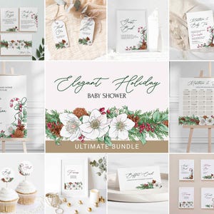 Bundle élégant pour les fêtes de fin d'année, invitation à une baby shower de Noël, étiquette de cadeau pour cadeau, plaque de bienvenue pour décoration de petit gâteau, carte buffet de Noël décembre 0052BS