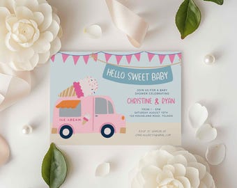 Sweet Treat Baby Shower Invitation, Summer Ice Cream Truck Invite, Popsicle Scoop, Pink for Girl, Parlor Sprinkles Editable Download 0095BS