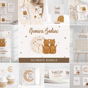 Bundle ultime du zodiaque Gémeaux, invitation de baby shower bohème, cadeau étiquette de faveur, panneau de bienvenue pour décoration de petit gâteau buffet de nourriture jeu de cartes lune d'automne 0065BS