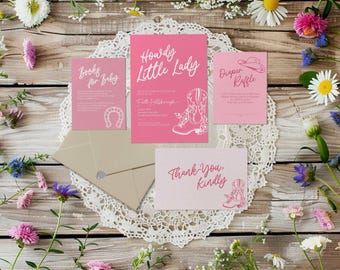 Howdy Little Lady Cowgirl Baby Shower Invite Bundle, Wild West Diaper Raffle, Western Books for Baby, Boots Cowboy Hat Country Rodeo 0084BS